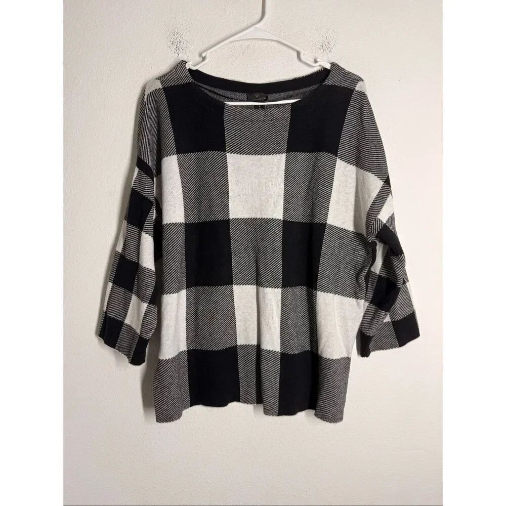 Worthington Sweater Knit Top Size L Black Plaid Pull Over 3/4 Sleeve